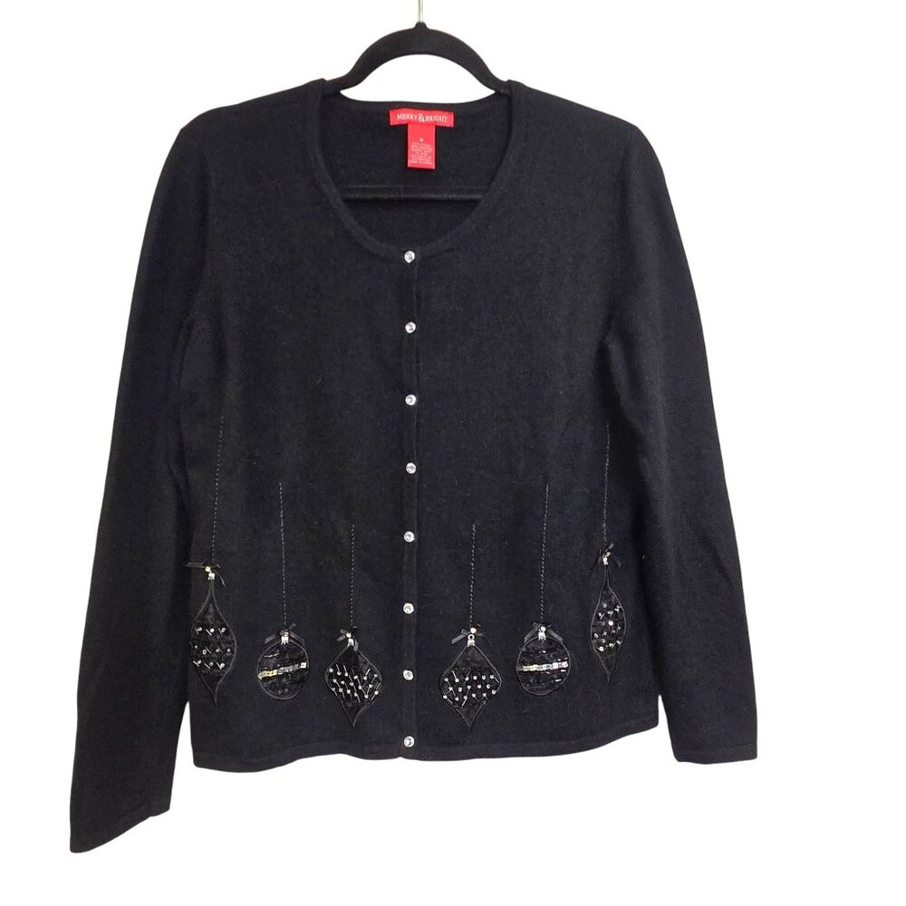 Vintage Angora Wool Academia Preppy Cardigan‎ Black Sweater Christmas Holiday